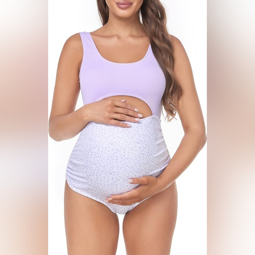 EastElegant Maternity Cutout One Piece Swimsuit - Purple Polka Dot